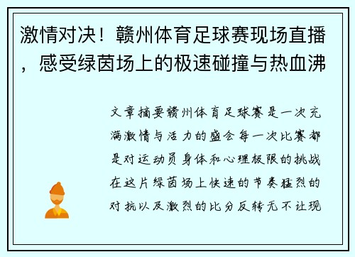 激情对决!赣州体育足球赛现场直播,感受绿茵场上的极速碰撞与热血沸腾